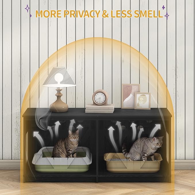 Hzuaneri Cat Litter Box Enclosure for 2 Cats, Hidden Litter Box Furniture Cabinet with Double Room, Indoor Cat House, Farmhouse Style, 46.7 x 18.9 x 21.1 Inches, Black CB85304X