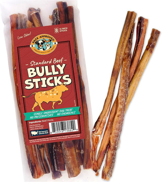 Pack Approved Standard Beef Bully Sticks for Large Dogs - Long Lasting Dog Chews for Aggressive Chewers - No Hide Dog Chews for Large Dogs - 12" (8ct)