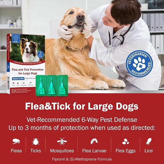Flea and Tick Prevention for Dogs, Large Dog Flea, Tick & Mosquito Control, Repellent, 44-88lbs, 24-Hour Protect, 3-Month Supply, Flea Supplements for Dogs