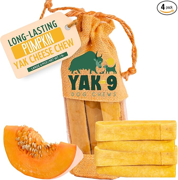 Yak9 Yak Cheese Himalayan Dog Chews, Pumpkin | High Protein, High Fiber Pumpkin Treats for Dogs | Long Lasting, Non GMO, Gluten Free, Grain Free | Large Size,4 PC