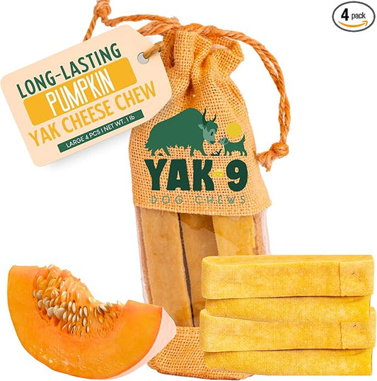 Yak9 Yak Cheese Himalayan Dog Chews, Pumpkin | High Protein, High Fiber Pumpkin Treats for Dogs | Long Lasting, Non GMO, Gluten Free, Grain Free | Large Size,4 PC