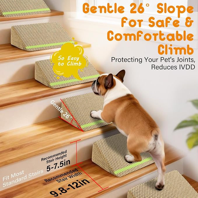 JoyBlooms Dog Ramp for Stairs for Small & Senior Dogs Cats, 40D Density Foam Gentle Slope Non-Slip Dog Stair Ramp with Glow Strip, Pet Ramp with Removable Washable Cover Brown-3pcs