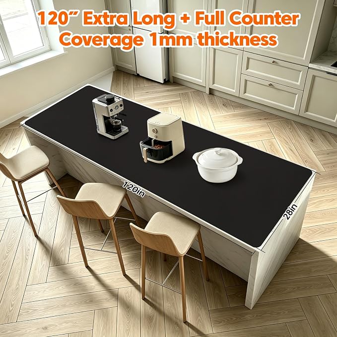 120" x 28" Extra Wide Kitchen Island Silicone Mat, Luxury Countertop Protector, Heat Resistant Waterproof Silicone Surface for Large Kitchen Islands, Baking, Food Prep & Appliances, Black