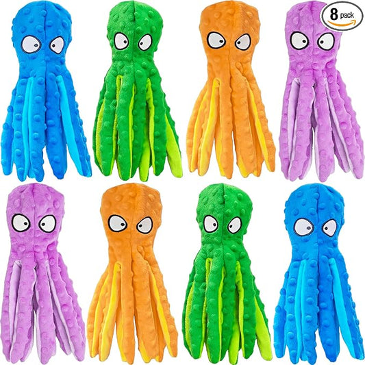 8 Pack Squeaky Octopus Plush Dog Toys for Aggressive Chewers, No Stuffing, Crinkle, Durable Interactive, 4 Colors