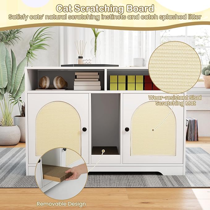 Tangkula Double Litter Box Enclosure, 43 Inch Hidden Litter Box Furniture with Shelves, Removable Scratching Board, 2 Sisal Mats, Large Enclosed Cat Box Enclosure for 2 Cats (White)