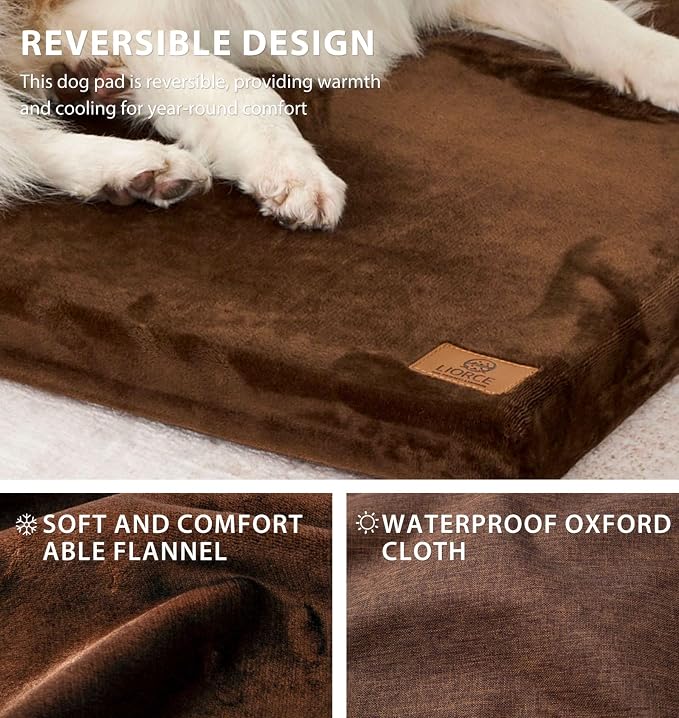 LIORCE Dog Crate Pad - Dog Bed Large Sized Dogs with Removable Washable Cover and Waterproof Lining - XL Memory Foam Pet Bed for Crate - Reversible Kennel Mat (Cool & Warm), 42-inch, Brown