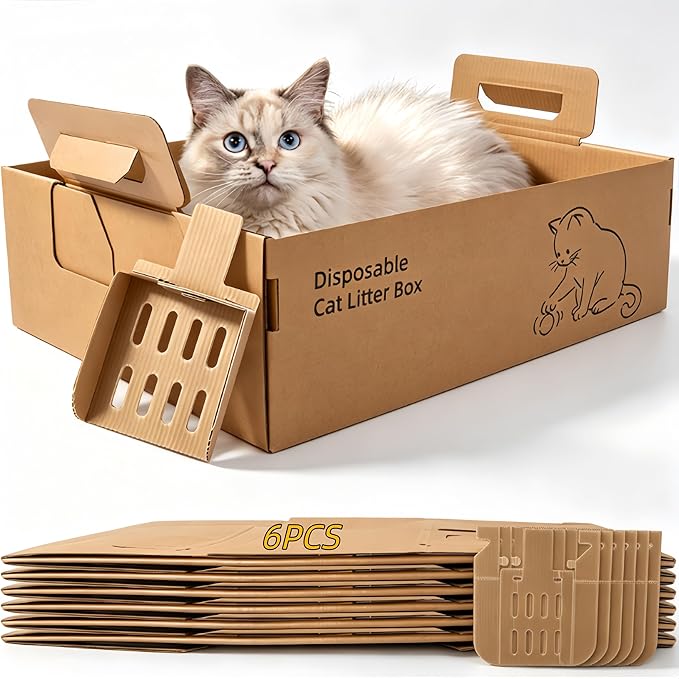 6 PCS Disposable Litter Boxes for Cats, Foldable & Portable Cat Litter Box with Scoops, Waterproof Hygienic, for Travel Car Hotel, Large (17x13.5x5.2in)