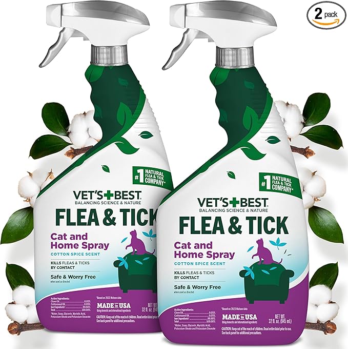 Vet's Best Natural Cat Flea & Tick Home Spray – Plant-Based Cotton Spice Mist for Cats – Indoor Flea Control with Natural Oils – Gentle Scented Spray for Home Use – Made in USA, 32 oz, 2-Pack