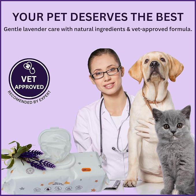 Aurora Pet Wipes – 100% Natural, Plant-Based Hypoallergenic Grooming Wipes for Dogs & Cats – Extra-Durable, Large & Thick for Effortless Cleaning (Lavender, 100 Count)