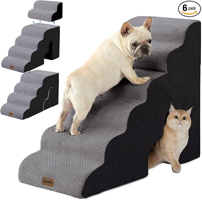ZOMISIA Dog Ramp for High Beds - 29" H 6 Steps Pet Stairs for Large Dogs with Tunnel 2 in 1 with Zippers Suitable, Indoor Cat Ladders with Non-Slip Bottom, Black