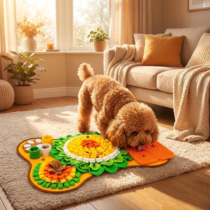 Snuffle Mat for Dogs & Lick Mat - Pet Snuffle Mat for Small and Medium Dogs, Interactive Enrichment Dog Treat Mat & Slow Feeder Puzzle Toy with Squeaky Sounds (Orange Snuffle & Lick Combo)