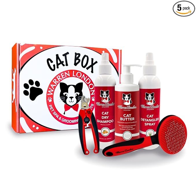 Warren London Ultimate Cat Grooming Gift Box – 5-in-1 At-Home Spa Kit with Detangler Spray, Hydrating Butter, Waterless Dry Shampoo, Self-Cleaning Pin Brush & Nail Clippers, $70 Value