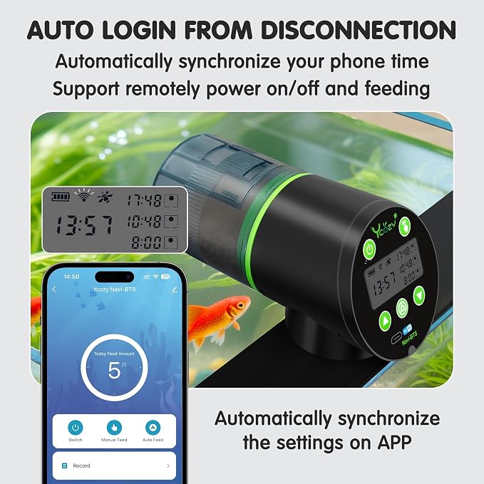 Ycozy WiFi Automatic Fish Feeder for Aquarium with Remote APP Control, Plug Powered, with Plug & USB-C Cable Vacation Auto Fish Food Dispenser for Small Tank/Betta/Turtle