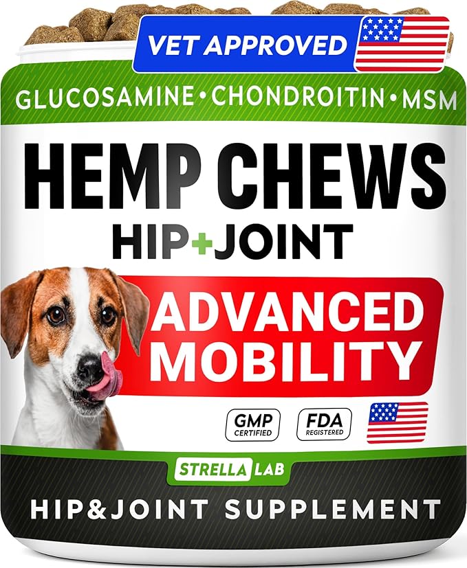 Hemp Chews for Dogs - Hip & Joint Supplement with Glucosamine - Joint Pain Relief Treats - Omega 3, Chondroitin, MSM - Advanced Mobility Support - Chicken Flavor - 120 Ct - Made in USA
