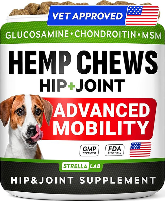 Hemp Chews for Dogs - Hip & Joint Supplement with Glucosamine - Joint Pain Relief Treats - Omega 3, Chondroitin, MSM - Advanced Mobility Support - Chicken Flavor - 120 Ct - Made in USA