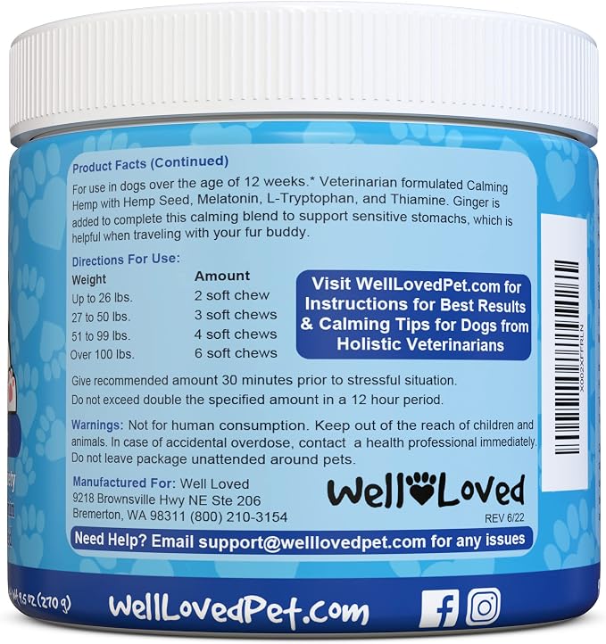 Well Loved Calming Chews for Dogs - Dog Calm Treats, Made in USA, Vet Developed, Behavior Support, Stress, Separation, Fireworks, Travel, Melatonin, Natural & Holistic, 90 Count