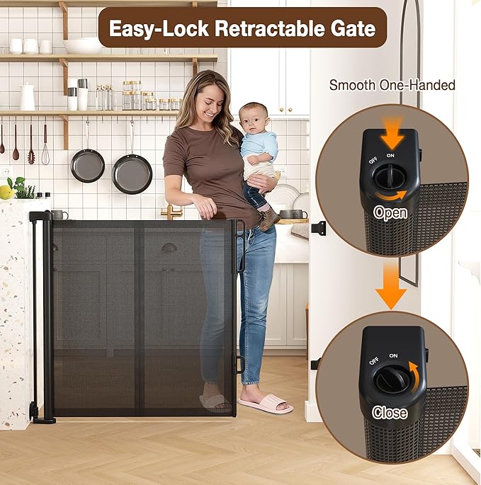 Upgraded 157 inch Retractable Baby Gates Extra Wide with Reinforced Strip Design to Prevent Crawling Through, 13 Foot Retractable Dog Gate, No Drilling, Retractable Gate for Indoor/Outdoor
