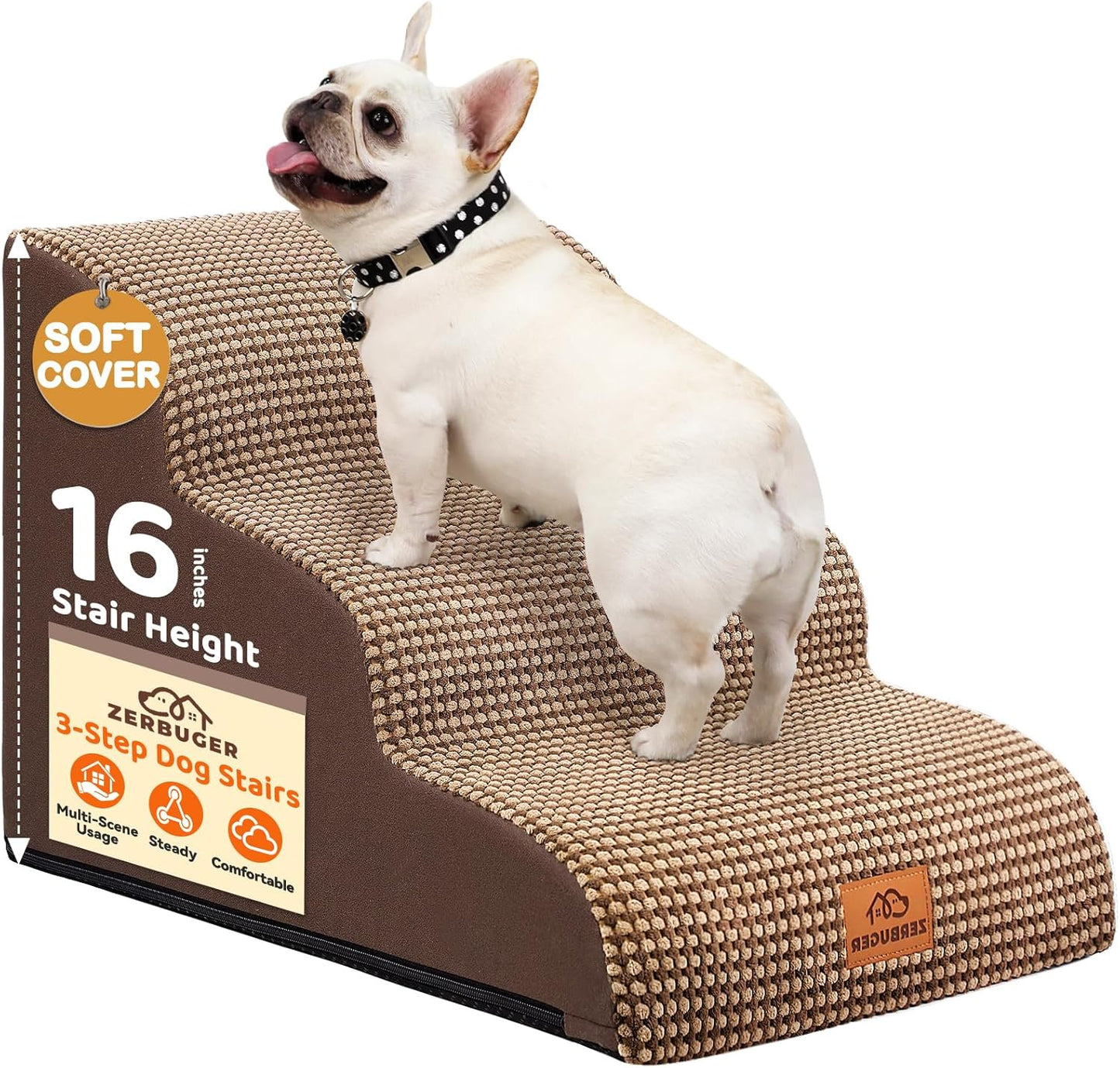 Dog Ramp and Stair for Bed 16" H-20 H,3-Step Cat Stair for Sofa and Chair,4-Step Dog Ramp for High Bed and Window,Durable Nonslip Fabric Cover for Indoor (Coffee-16 H, Pet Friendly, 3)