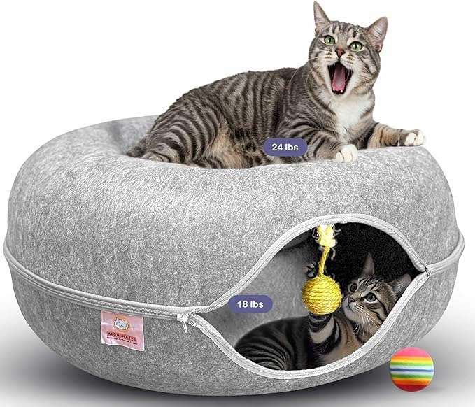 MeowMates Peekaboo Cat Cave Donut Bed for Multiple Cats Upto 45lbs, 3-in-1 Large Cat Tunnel & Donut Bed Combo w Round Tunnel Scratcher for Indoor Cats, Hanging Toy, Washable & Detachable - Grey