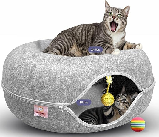 MeowMates Peekaboo Cat Cave Donut Bed for Multiple Cats Upto 45lbs, 3-in-1 Large Cat Tunnel & Donut Bed Combo w Round Tunnel Scratcher for Indoor Cats, Hanging Toy, Washable & Detachable - Grey