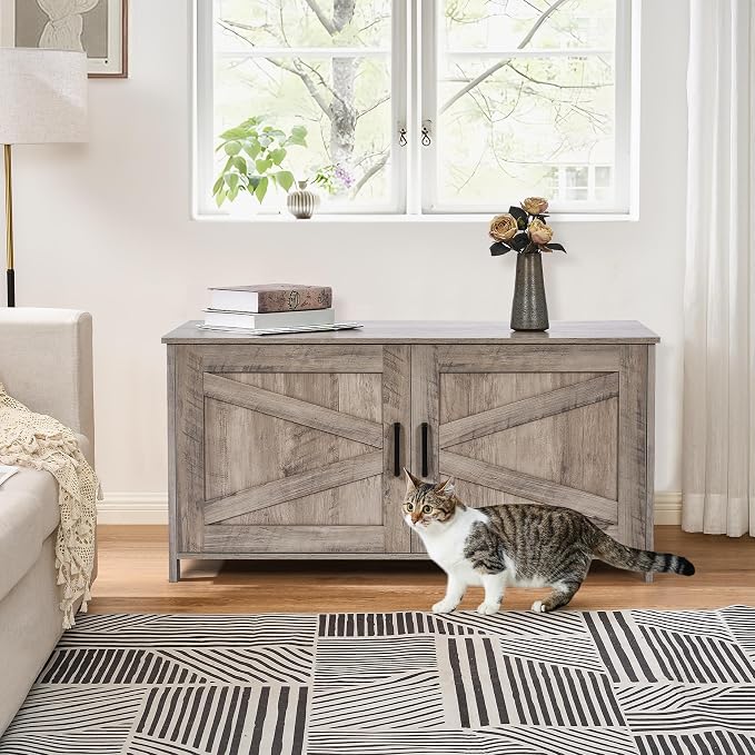 Homhedy 39.4" L Cat Litter Box Enclosure, Pet House with Barn Door, Wooden Cat Washroom Furniture, Fit Most of Litter Box, Greige