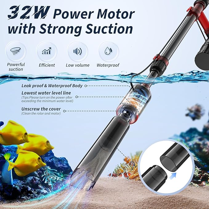 Mildhug Electric Aquarium Vacuum Gravel Cleaner, 530GPH/32W Fish Tank Vacuum Gravel Cleaner with Strong Suction for Automatic Water Change Algae Remover Sand Wash Water Circulationand Water Shower