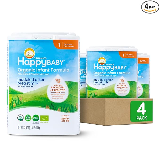 Happy Baby Organics Stage 1 Infant Formula, 0-12M, Modeled After Breast Milk, USDA Organic, Probiotics & Prebiotics, Iron & DHA, 22.9oz x4