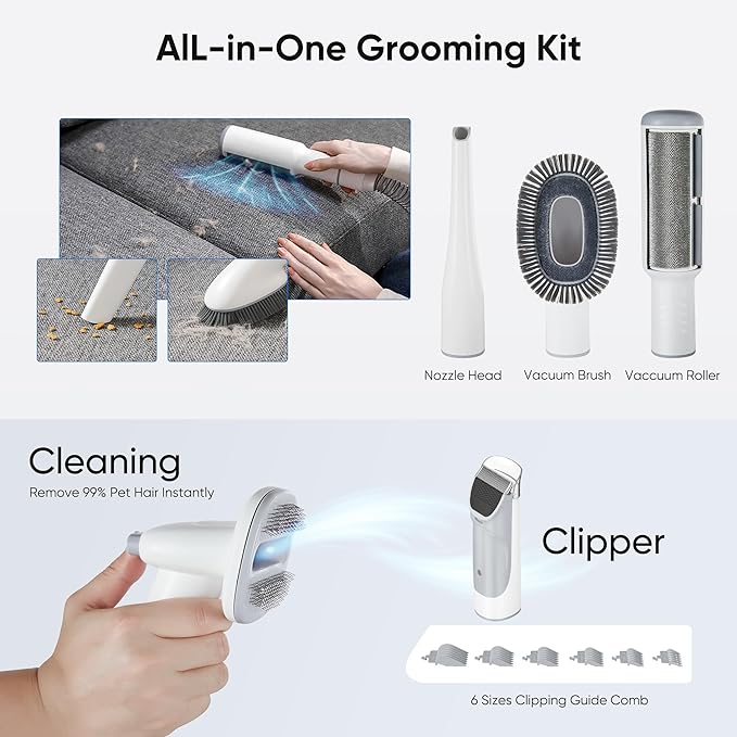 NEWBULIG Pet Grooming Vacuum Kit, 2.5L Dust Cup, 3 Suction Modes and 5 Groomer Tools, Dog Clippers with Cordless Low Noise for Cats, Dogs Other Animals Hair Trimmer