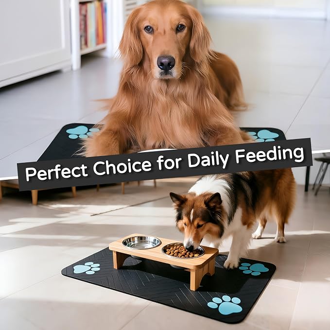 Pet Feeding Mat-Absorbent Dog Feeding Mat for Food and Water Bowl,No Stains Pet Placemat,Quick Drying Water Dispenser Mat for Dog and Cat,Easy to Clean Dog Accessories(M,Black Blue Paw)