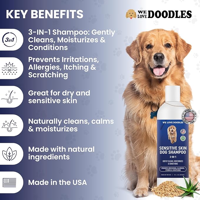 We Love Doodles Premium 3-in-1 Sensitive Skin Dog Shampoo & Pet Dematting Comb - for Allergies, Itching, Scratching, Anti-Itch with Oatmeal & Aloe, Undercoat Rake for Detangling Thinning & Shedding