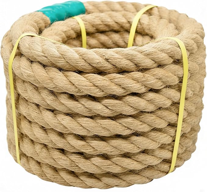 Jute Rope Natural Jute Manila Rope Nautical Hemp Rope Twisted Natural Thick Heavy Duty Ropes for Crafts, Bundling,Anchor, Hammock, Nautical, Tug of War, Railings,Decorate (1 in X 50 Ft)