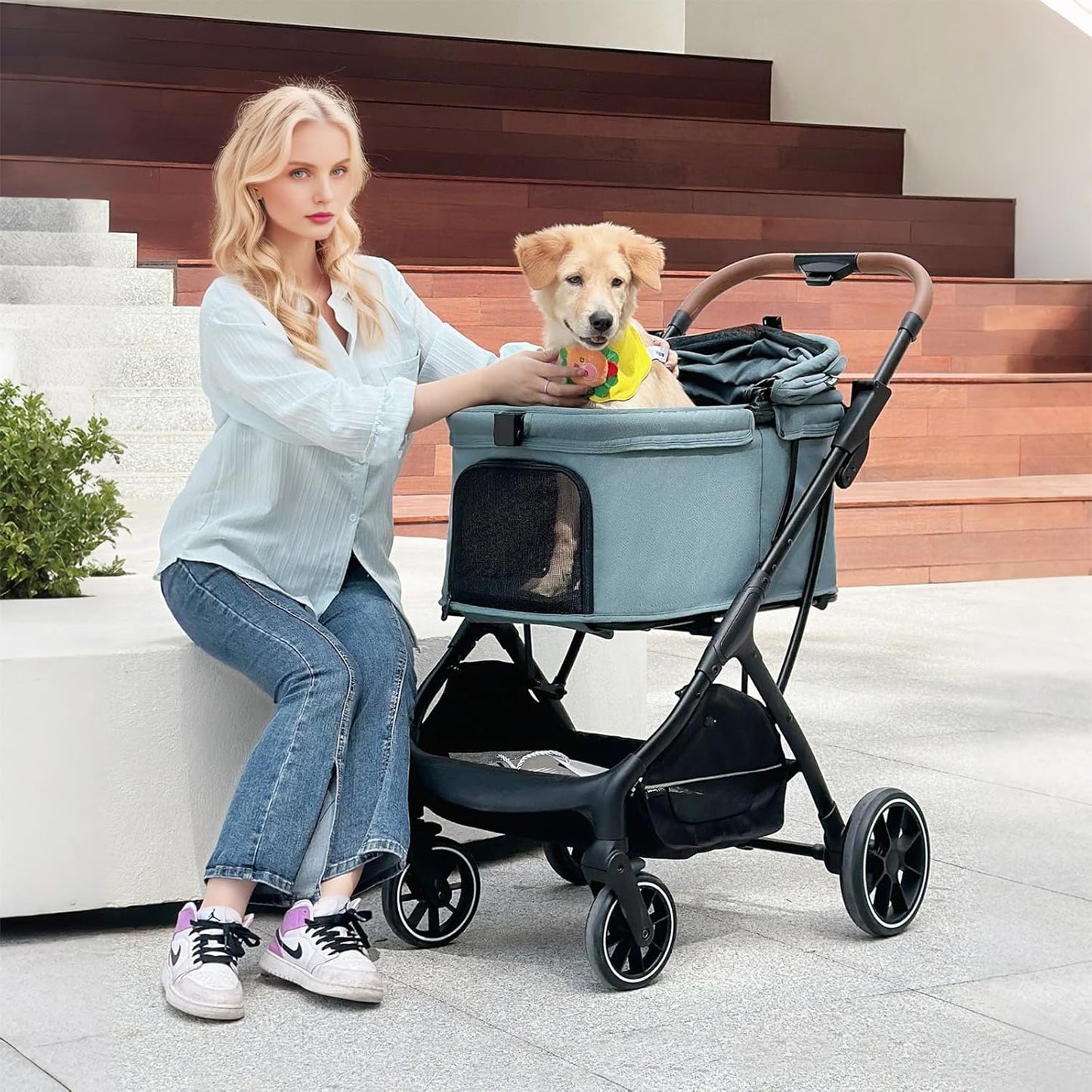 T5 Luxury Pet Stroller for Medium Dog Under 60lbs or 2 Small Dogs & Cats with 180 ̊Canopy, Sun Shades, Auto-Folding Stroller for Multiple Pets (Green)