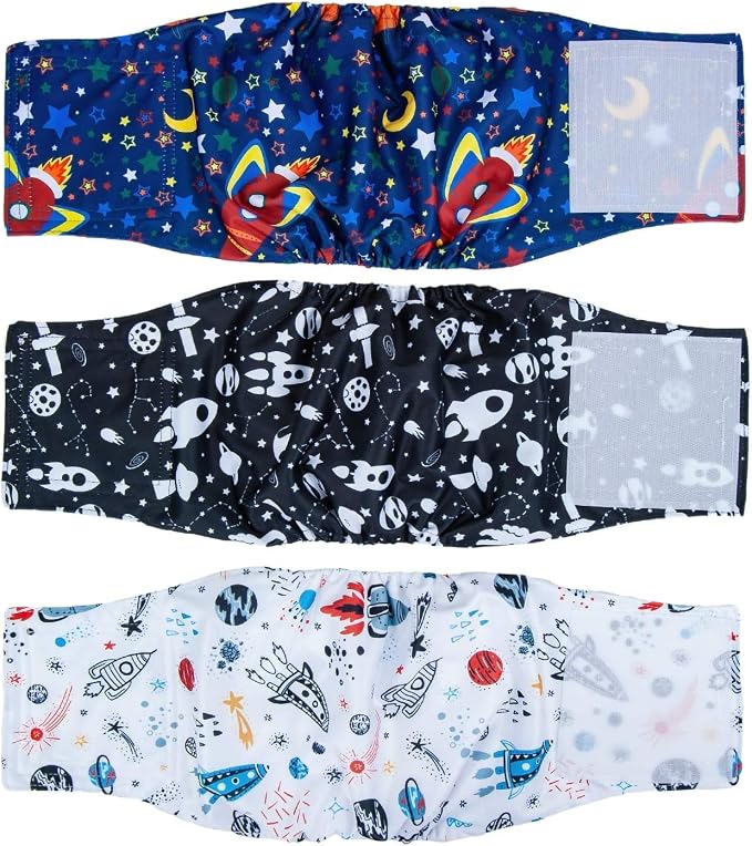 Pet Soft Dog Belly Band - 3 Packs Reusable Dog Diapers Male Dog Diapers Belly Wraps - Washable Dog Belly Bands for Male Dogs (Space, L)