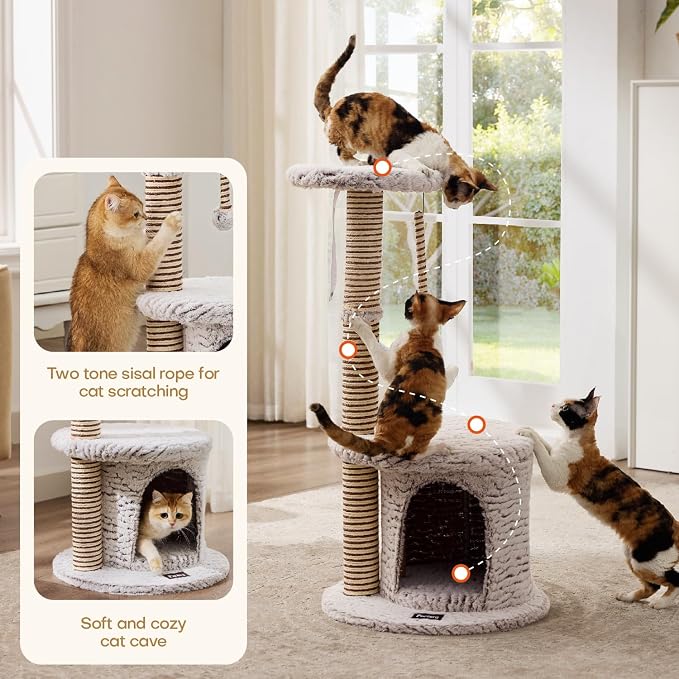 Cat Tree Tower, Multi-Level Cat Tower Condo with Spacious Elevated Perch, Scratching Post, Cozy Cave, Dangling Toy Ball, Durable Pet House Furniture for Indoor Kittens.