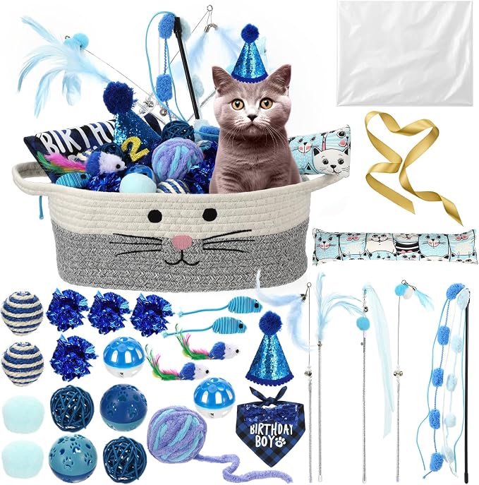 Zopeal 38 Pcs Graduation Cat Toy Set Interactive Cat Toys Pack Including Cats Gift Basket Feather Teaser Wand Plush Gift Outfit Mice Crinkle Balls and Pet Bell Balls, Puzzle for Indoor(Blue)