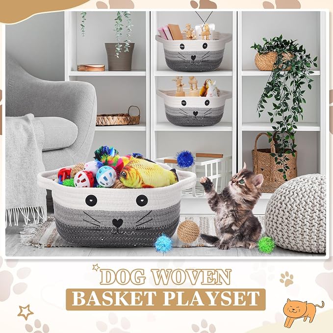 Zopeal 58 Pcs Summer Graduation Cat Storage Basket Gift Toys Set, Colorful Flashing Balls Pet Bell Crinkle Balls Spring Toys Attract Cat to Swat, Hunt, Interactive for Pet(Multicolor,9.8 Inch)