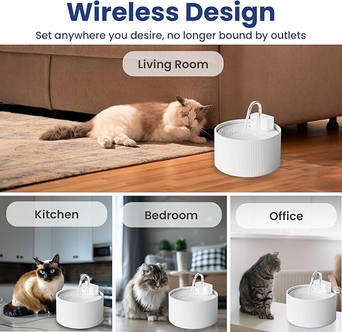 PawsPik CeramiFlow Cat Water Fountain, Ceramic Automatic Cat Fountain with Motion Sensor, Cordless Rechargeable Pet Fountain, 9 Cup Indoor Cat Fountain, Multi-Layer Filtration, Dishwasher Safe, White