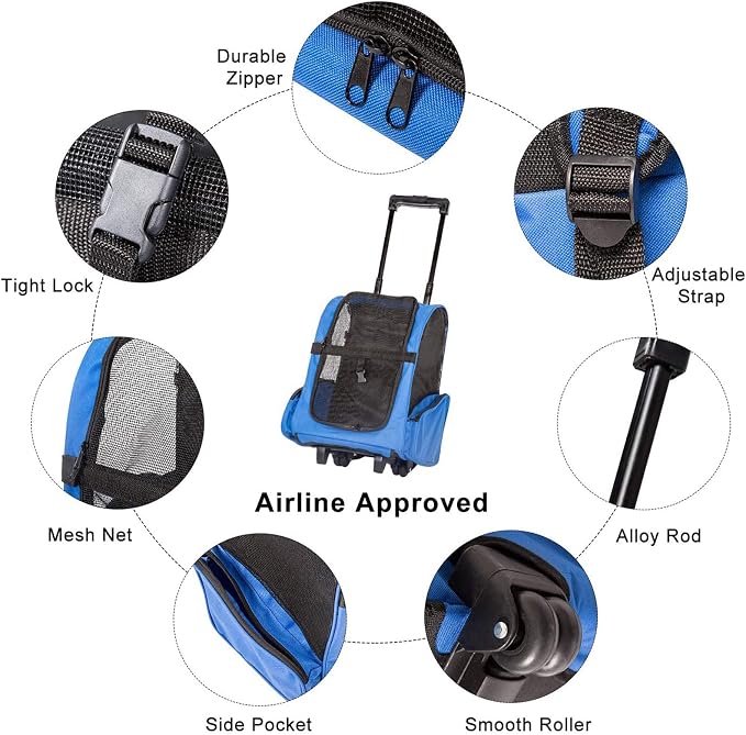 Pet Carrier Backpack with Removable Wheels, Pet Travel Rolling Backpack,Strong Breathable Mesh Panels, Airline Approved for Small Dogs and Cats for Hiking Carrying Walking Outdoor Bag