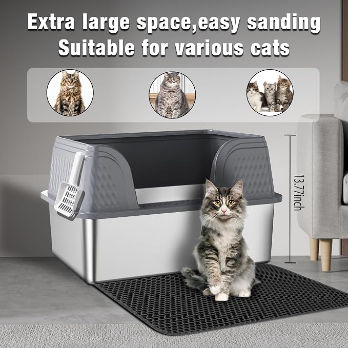 Suhaco XXXL Stainless Steel Litter Box with High Sided Deep Side Entry Deep Extra Large Metal Litter Box Included Mat & Scoop Anti-Urine Leakage Cat Litter Boxes for Big Cats (Grey XXXL)