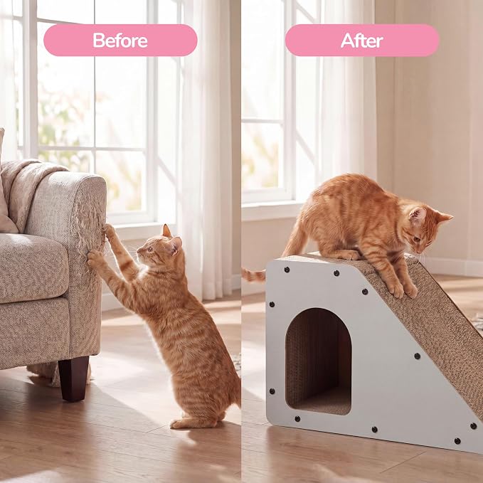 Kento 23.63" Modern Cardboard Cat Cave Scratcher with Catnip, Angled Trapezoid Hideaway House and Scratching Lounge for Indoor Cats, Gray CSR1008H