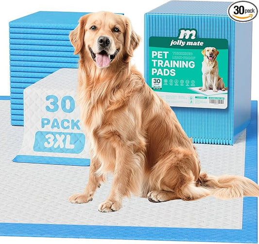 JollyMate Dog Pee Pads Extra Large 36"x36", 30 Pack 3X-Large Super Absorbent Pet Training Pads with Adhesive Tabs, 6 Layers Thick Leak-Proof Potty Pads for Dogs and Puppies