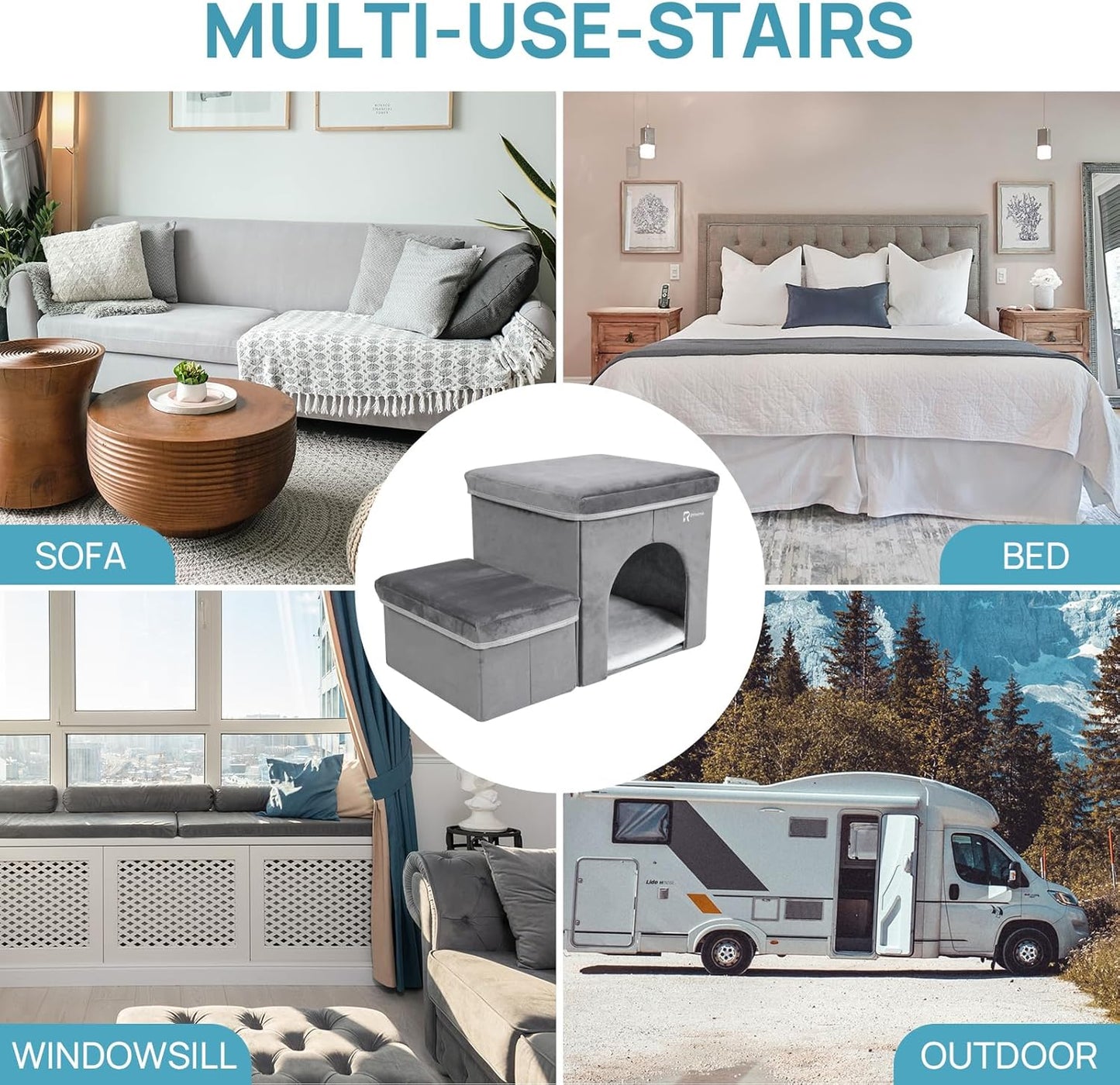 Foldable Pet Stairs for Beds & Sofas - Non-Slip Dog Steps with Storage for Small to Medium Dogs & Cats, Supports up to 120 lbs - Durable 2 & 3-Step Doggie Ladder for Easy Access