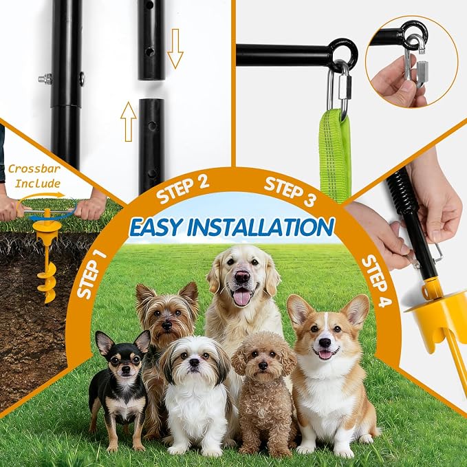Heavy Duty Dog Spring Pole with Screw-In Ground Anchor & 360° Swivel, Adjustable Height 30-49", Durable Outdoor Tug Toy System with Bungee Squeak Rope for Large & High Energy Dogs Training