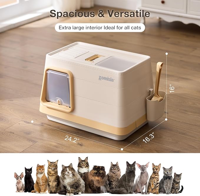 ZOMISIA Stainless Steel Cat Litter Box, Extra Large Covered Litter Box with Lid, Scoop, Odor Control Filter, XL Side/Top Entry Enclosed Cat Boxes for Big Kitty, Khaki