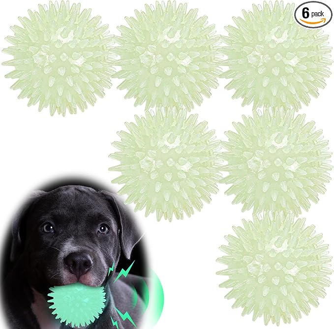 LECHONG 6-Pack Glow in The Dark Squeaky Dog Balls, Spiky Dog Toy Balls, Durable Glowing Rubber Fetching Ball for Small & Medium Dogs Nighttime Playing Indoors & Outdoors