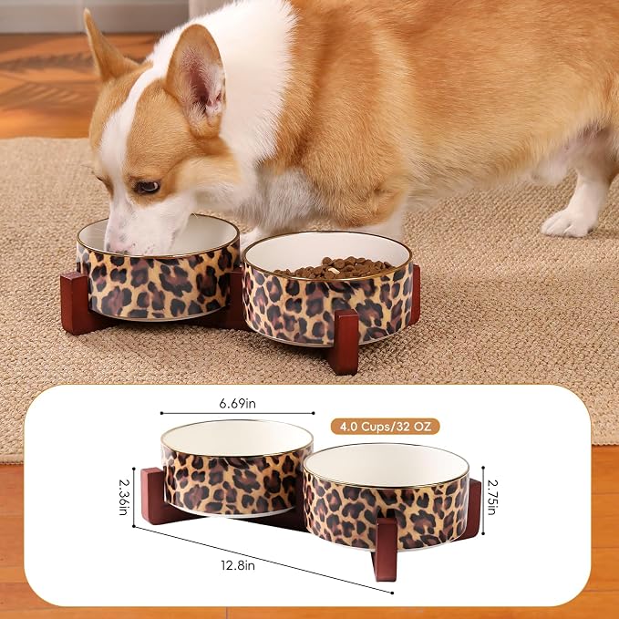 Dog Bowl Set with Wood Stand, Non-Slip Anti-Tip Elevated Design, Double Ceramic Animal Food Water Cat Bowls, Suitable for Large/Medium Sized Dog Pet Feeder Dish Station - 32 OZ, Leopard Print