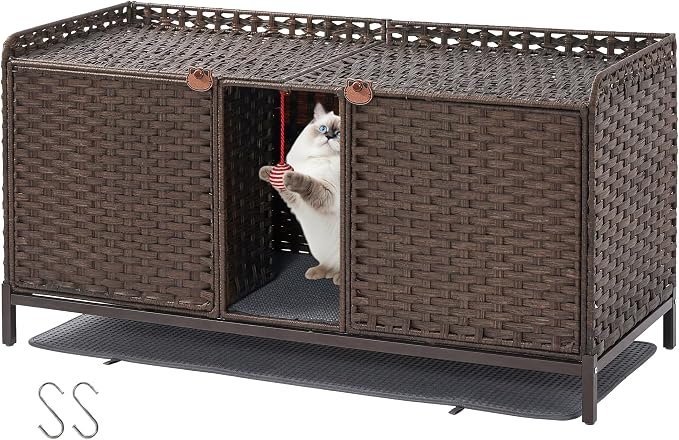 Rattan Litter Box Enclosure Double Cat Hidden Litterbox Furniture with Removable Litter Mat,Ball & 2 Hooks, Natural Cat House End Table, Easy Assembly, 47.2" l x 19.7" w x 23.6" h Brown