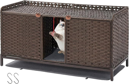 Rattan Litter Box Enclosure Double Cat Hidden Litterbox Furniture with Removable Litter Mat,Ball & 2 Hooks, Natural Cat House End Table, Easy Assembly, 47.2" l x 19.7" w x 23.6" h Brown