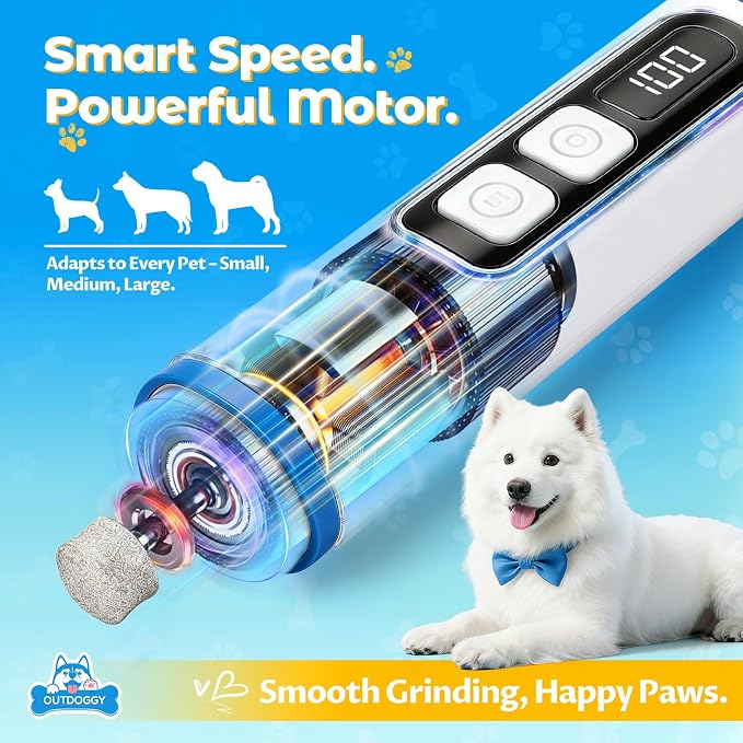 Ultra Quiet Dog Nail Grinder with LED Light & Safety Guard - Upgraded 3-Speed Rechargeable Dog Nail Trimmer for Painless Grooming of Dogs & Cats, (Small, Medium, Large)