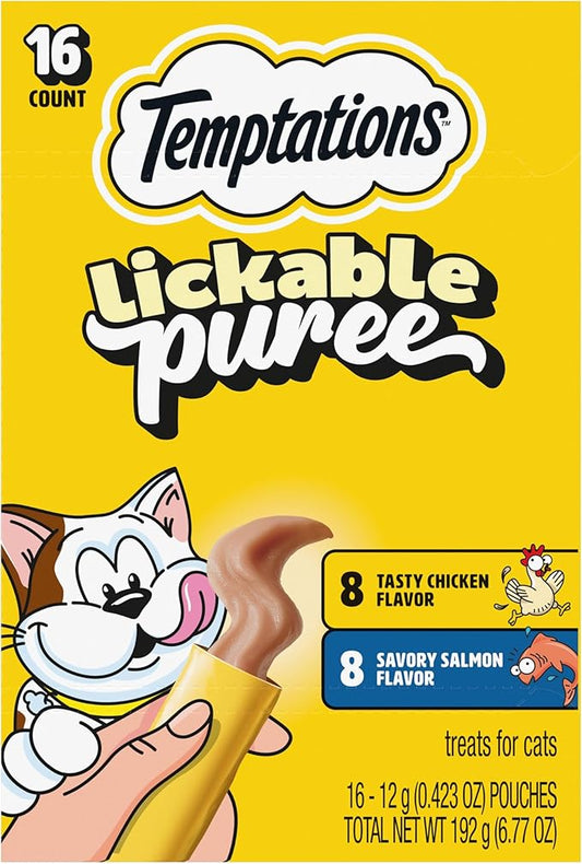 Temptations Creamy Puree Squeezable Lickable Cat Treats, Wet Cat Treats with Salmon and Chicken Variety Pack, 0.42 oz. Tubes, 16 Count